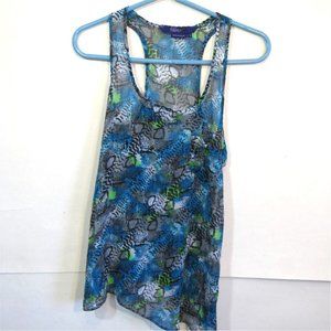 Y2K Sheer Racerback Tank Top Small  Asymmetrical Hem Artsy Print Miley Cyrus